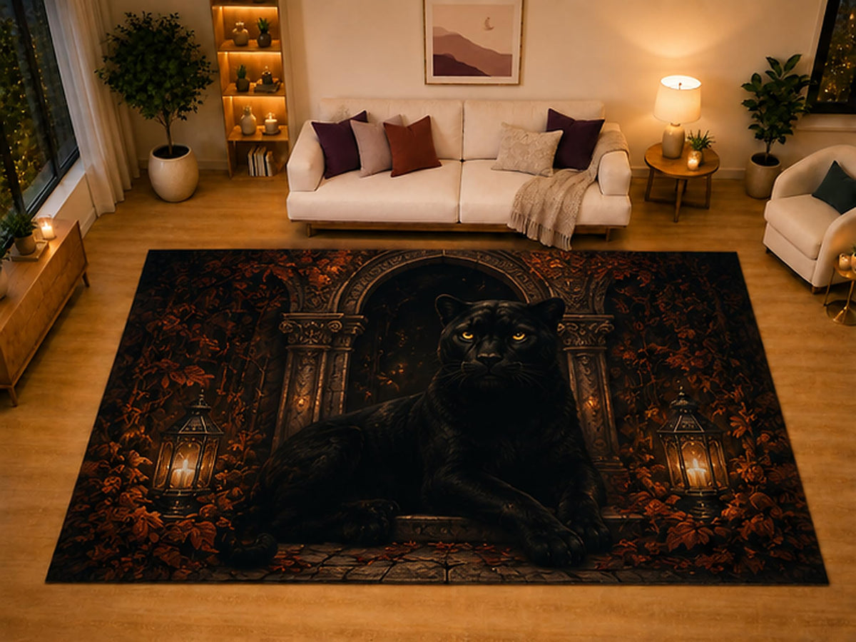 ICE ARMOR "Ultra Light Weight Large 6'7" x 9'10" Black Panther Gothic Area Rug for Living Room Bedroom Dining Area, Soft Low Pile Non-Slip Backing, Black Orange Dark Fantasy Decor