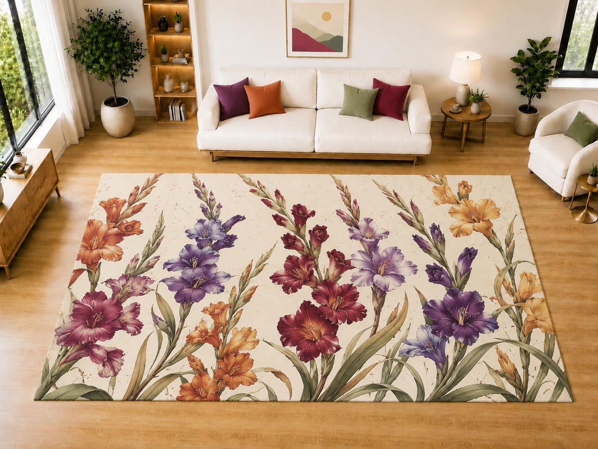 ICE ARMOR "Ultra Light Weight Large 6'7" x 9'10" Gladiolus Garden Area Rug for Living Room Bedroom Dining Room, Soft Low Pile Non-Slip Backing, Burgundy Orange Purple Cream Floral Decor