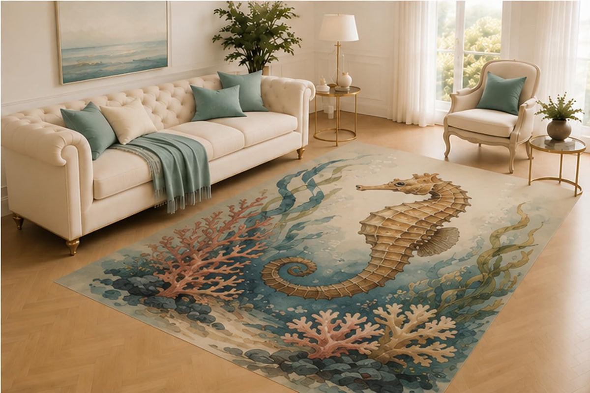 ICE ARMOR 5' x 7' Seahorse Rug, Ocean Creature Surrounded by Coral, Sea Plants and Pebbles, Soft Floor Cover for Living Room, Bedroom, Nursery and Coastal Decor