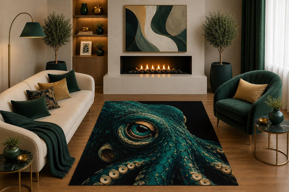 ICE ARMOR "Ultra Light Weight 5' x 7' Teal Octopus Area Rug Dark Ocean Coastal Sea Life Art for Living Room Bedroom Office Decor Non-Slip Silicone Backing Low Pile