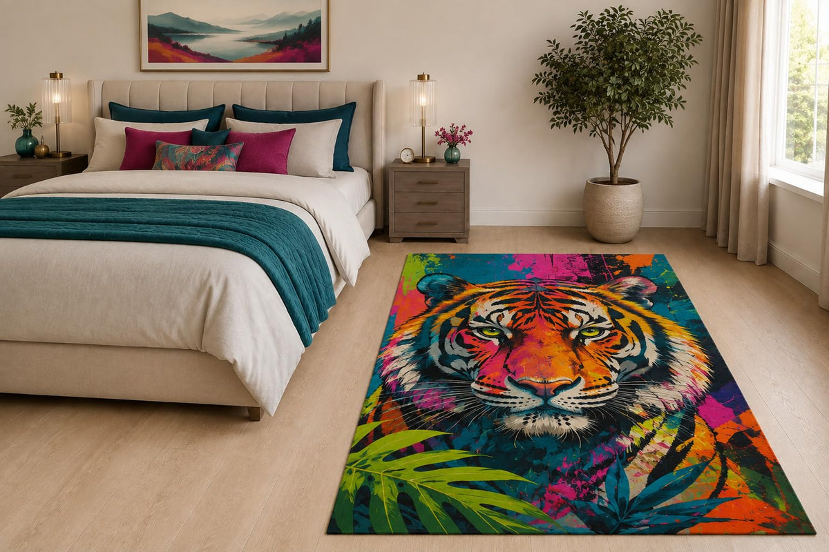 ICE ARMOR "Ultra Light Weight 5' x 7' Pop Art Tiger Area Rug for Living Room, Bedroom and Home Office, Soft Low Pile Carpet with Non-Slip Silicone Backing, Orange and Teal