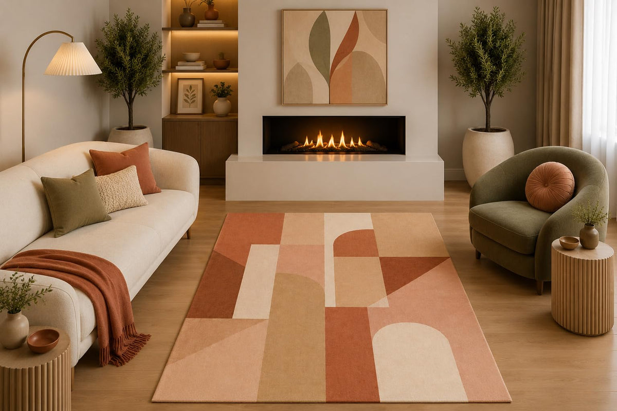 ICE ARMOR 5' x 7' Mid Century Modern Area Rug Abstract Terracotta Peach Beige Geometric Arch Design for Living Room Bedroom Office Non-Slip Silicone Backing Low Pile