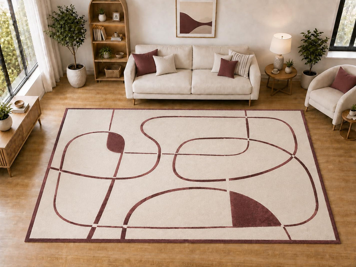 ICE ARMOR "Ultra Light Weight Large 6'7 x 9'10 Burgundy Linear Curve Pattern Area Rug for Living Room Bedroom Dining Room Soft Low Pile Indoor Carpet Modern Floor Decor