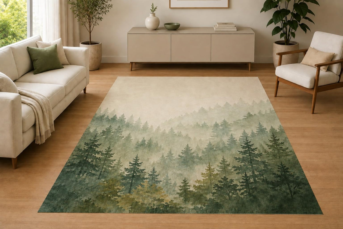 ICE ARMOR 5' x 7' Misty Forest Woodland Area Rug for Living Room, Soft Low Pile Indoor Rug with Non-Slip Silicone Backing, Bedroom, Office, Family Room, Sage Green Ivory