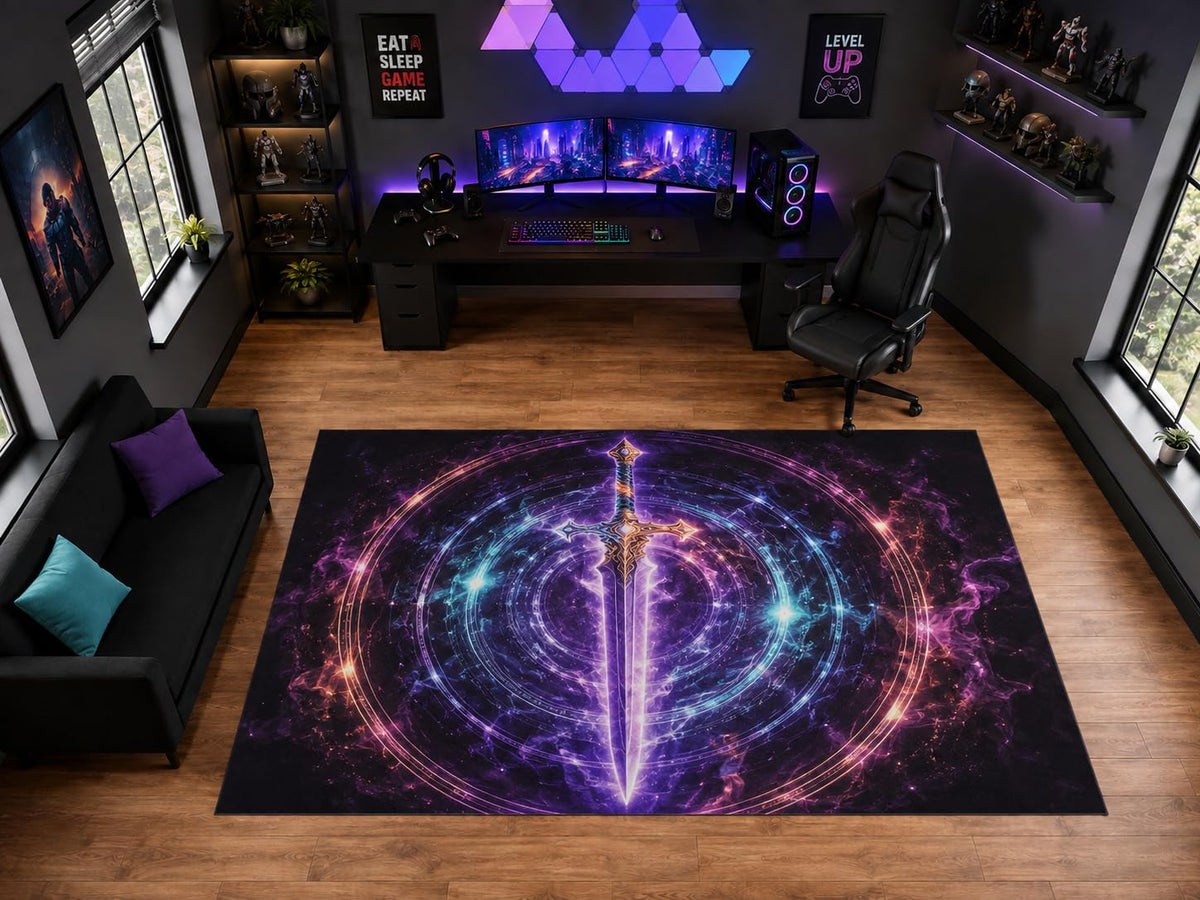 ICE ARMOR "Ultra Light Weight Large 6'7" x 9'10" Fantasy Sword Magic Circle Area Rug for Gaming Room Decor, Soft Low Pile Indoor Rug with Non-Slip Silicone Backing, Purple Blue