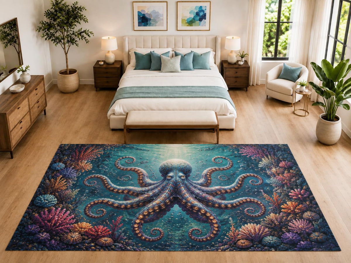 ICE ARMOR "Ultra Light Weight Large 6'7" x 9'10" Octopus Coral Reef Rug for Bedroom, Soft Low Pile Indoor Rug and Non-Slip Silicone Backing, Teal