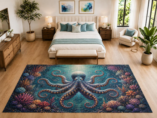 ICE ARMOR "Ultra Light Weight Large 6'7" x 9'10" Octopus Coral Reef Rug for Bedroom, Soft Low Pile Indoor Rug and Non-Slip Silicone Backing, Teal