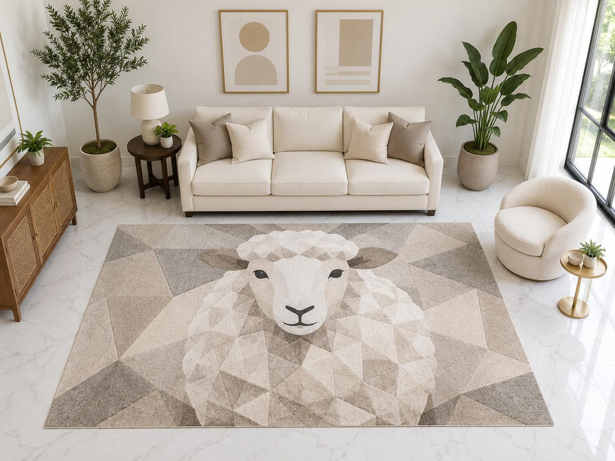 ICE ARMOR "Ultra Light Weight Large 6'7" x 9'10" Low Poly Sheep Area Rug Carpet Soft Low Pile Indoor Rug and Non-Slip Silicone Backing Bedroom Beige