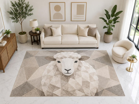ICE ARMOR "Ultra Light Weight Large 6'7" x 9'10" Low Poly Sheep Area Rug Carpet Soft Low Pile Indoor Rug and Non-Slip Silicone Backing Bedroom Beige