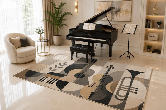 ICE ARMOR 5' x 7' Modern Music Instruments Area Rug, Abstract Guitar Violin Trumpet Piano Room Studio Decor, Non-Slip Silicone Backing Low Pile Indoor Carpet