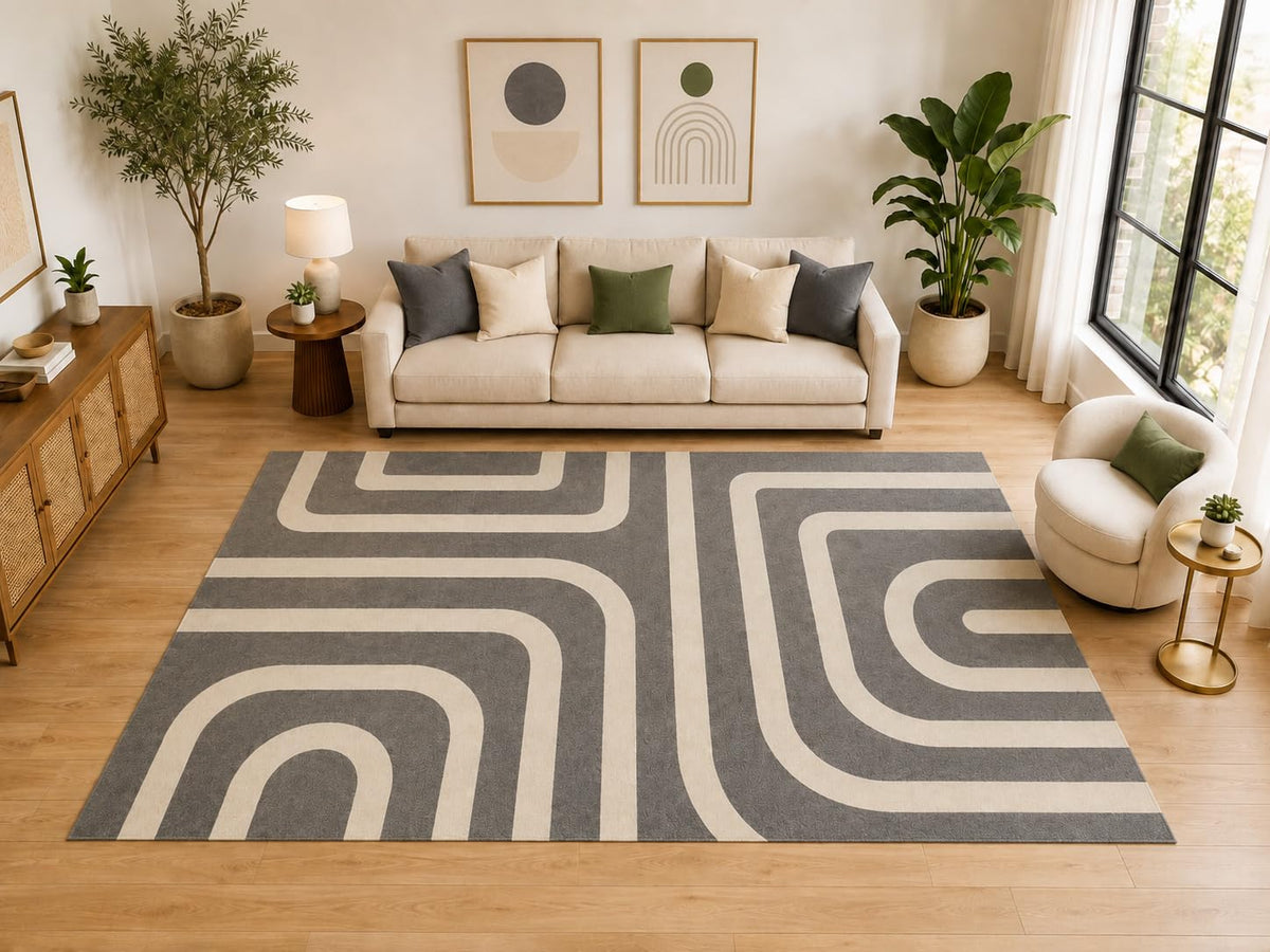 ICE ARMOR Large 6'7" x 9'10" Retro Rounded Maze Area Rug for for Bedroom, Living Room, Soft Low Pile Indoor Rug with Non-Slip Silicone Backing, Gray Ivory