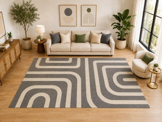 ICE ARMOR Large 6'7" x 9'10" Retro Rounded Maze Area Rug for for Bedroom, Living Room, Soft Low Pile Indoor Rug with Non-Slip Silicone Backing, Gray Ivory