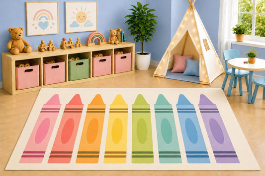 ICE ARMOR 5' x 7' Pastel Jumbo Crayons Area Rug, Minimal Rainbow Art School Kids Playroom Classroom Nursery Bedroom Rug, Non-Slip Silicone Backing Low Pile