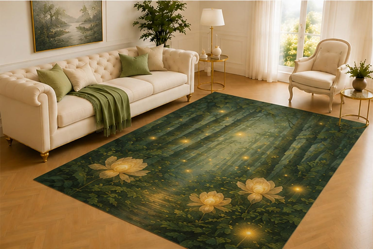 ICE ARMOR 5' x 7' Firefly Forest Rug, Glowing Lights Among Dark Trees and Golden Flowers, Soft Floor Cover for Living Room, Bedroom, Reading Nook and Magical Decor