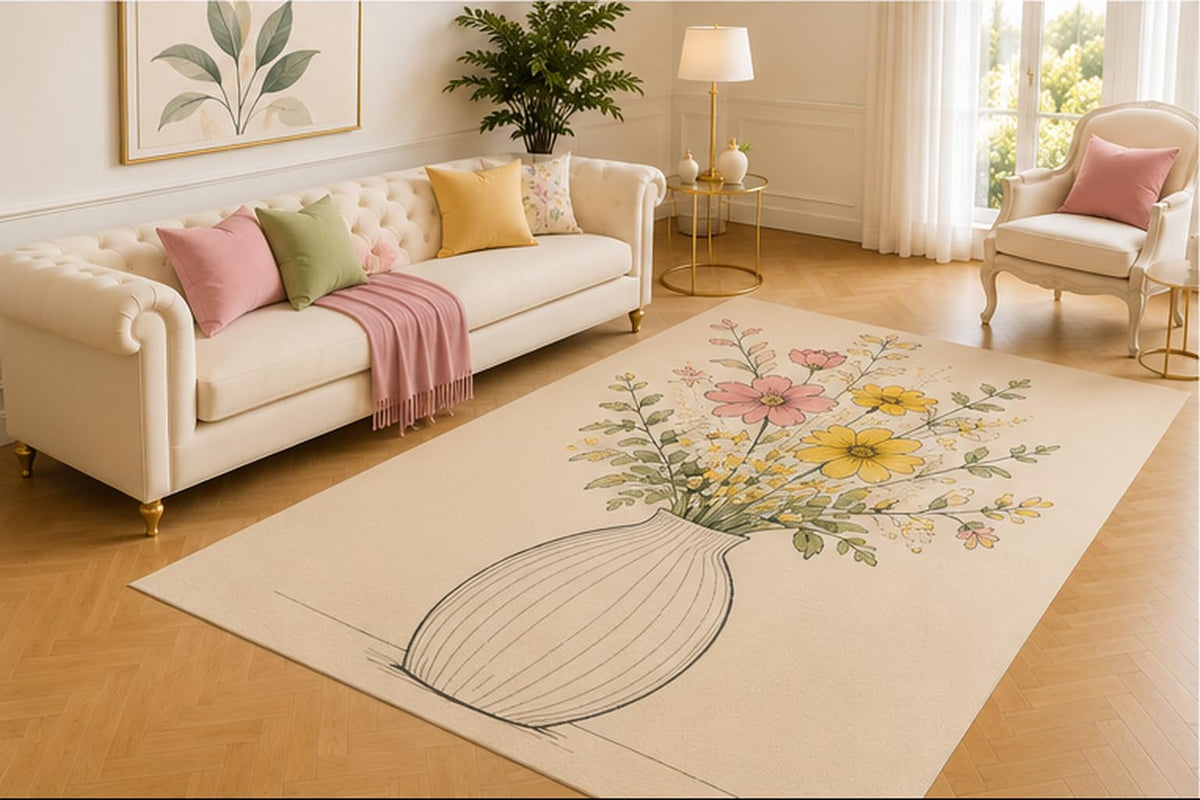 ICE ARMOR 5' x 7' Minimal Line Vase Rug, Pink and Yellow Meadow Flowers in a Neutral Sketch Pot, Soft Modern Accent for Bedroom, Office, Nursery or Reading Corner
