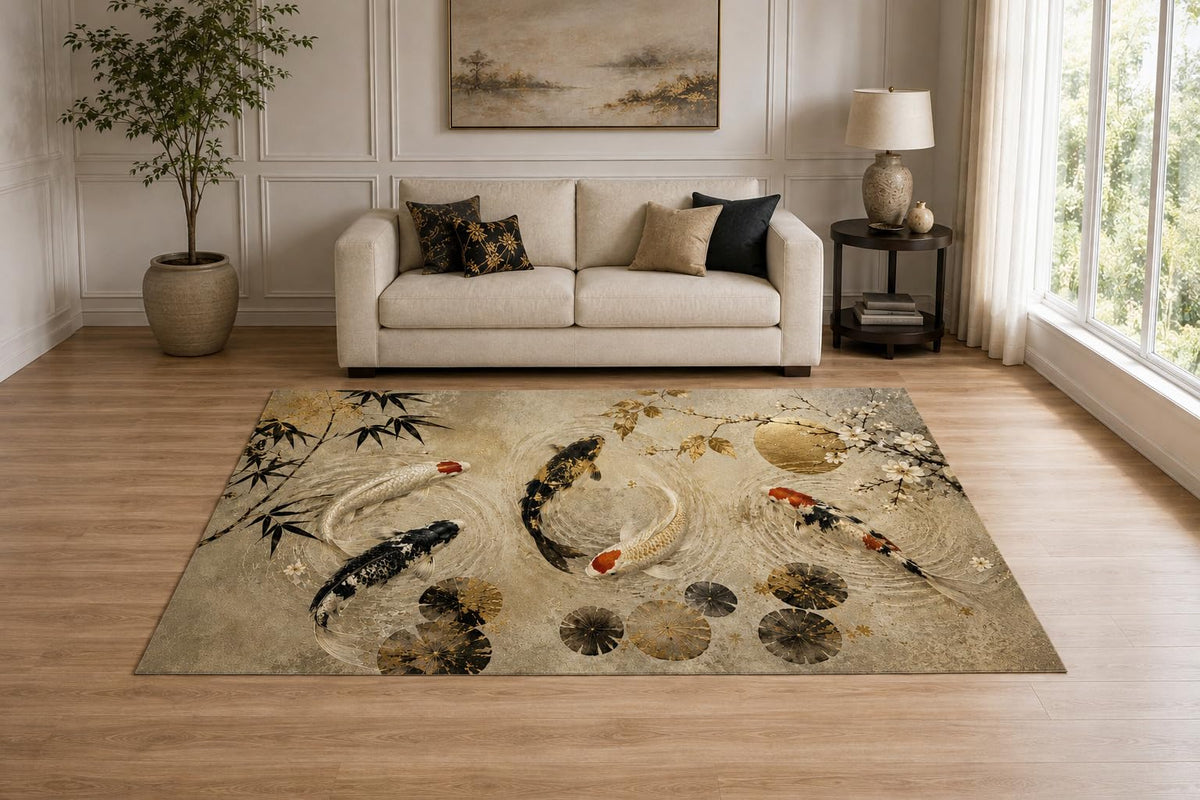ICE ARMOR "Ultra Light Weight 5' x 7' Japanese Koi Garden Area Rug for Living Room, Bedroom and Home Office, Soft Low Pile Carpet with Non-Slip Silicone Backing, Beige and Black