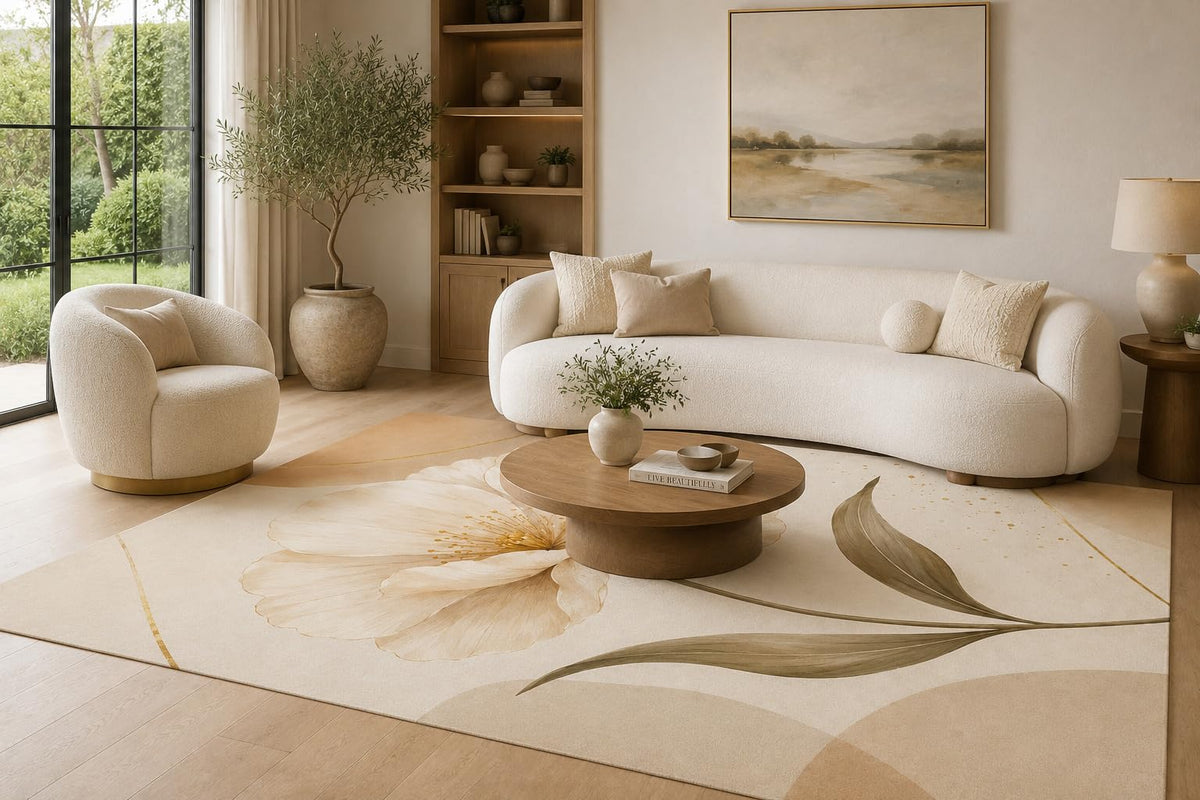 ICE ARMOR 6'7" x 9'10" Cream, Beige and Olive Minimal Poppy Stem Area Rug for Living Room, Soft Low Pile Carpet with Non-Slip Backing for Bedroom, Dining Room and Home Office