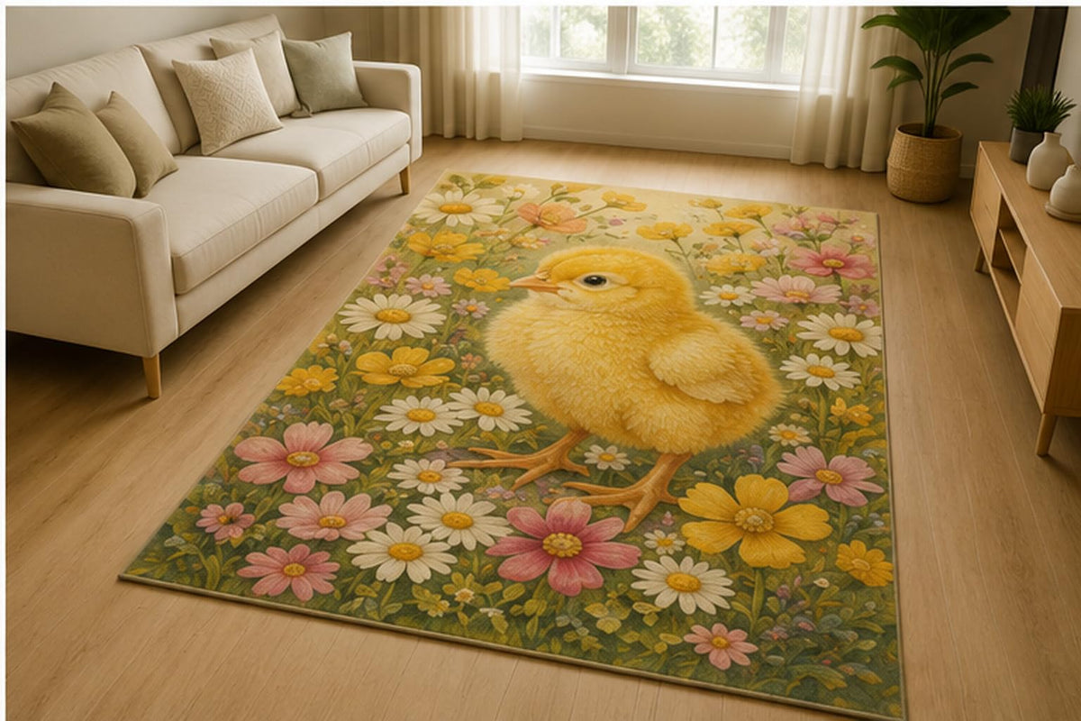 ICE ARMOR 5' x 7' Yellow Chick Wildflower Garden Area Rug for Living Room, Soft Low Pile Indoor Rug with Non-Slip Silicone Backing, Farmhouse Decor for Nursery, Playroom, Kids & Pets, Yellow Pastel
