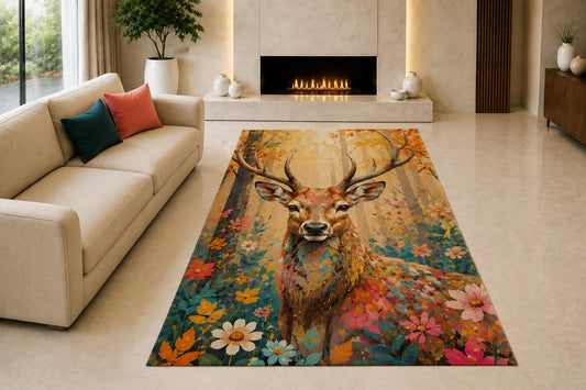 ICE ARMOR "Ultra Light Weight 5' x 7' Colorful Floral Stag Area Rug for Living Room, Bedroom and Home Office, Soft Low Pile Carpet with Non-Slip Silicone Backing, Orange and Teal