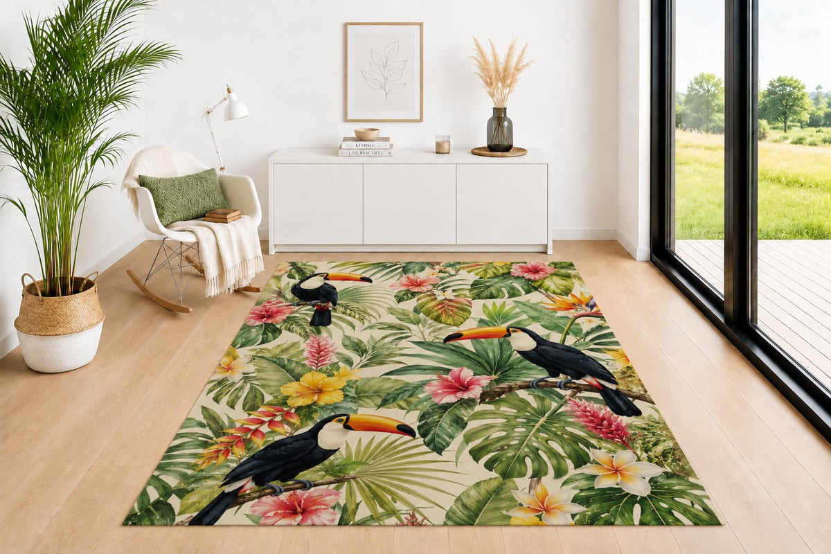 ICE ARMOR 5' x 7' Tropical Toucan Bird Area Rug for Living Room, Soft Low Pile Indoor Rug with Non-Slip Silicone Backing, Decorative Carpet for Bedroom, Office, Kids & Pets, Green