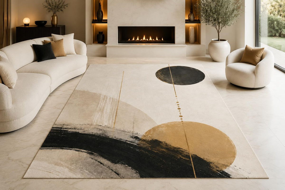 ICE ARMOR "Ultra Lightweight Large 6'7" x 9'10" Modern Brush Circles Area Rug for Living Room, Bedroom and Home Office, Soft Low Pile Carpet with Non-Slip Silicone Backing, Black and Beige
