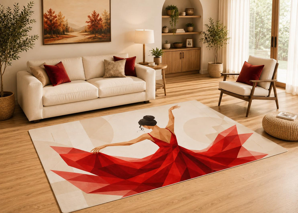 ICE ARMOR 5' x 7' Elegant Red Dancing Woman Area Rug with Non-Slip Silicone Backing Low Pile Soft Carpet for Living Room Bedroom Abstract Figure Decor