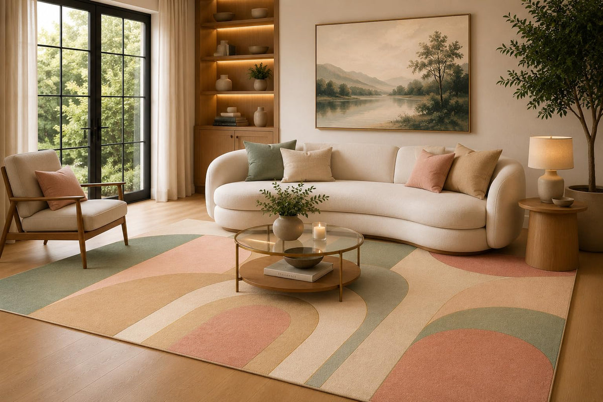 ICE ARMOR 6'7" x 9'10" Sage Green, Peach and Cream Rounded Arches Area Rug for Living Room, Soft Low Pile Carpet with Non-Slip Backing for Bedroom, Dining Room and Office