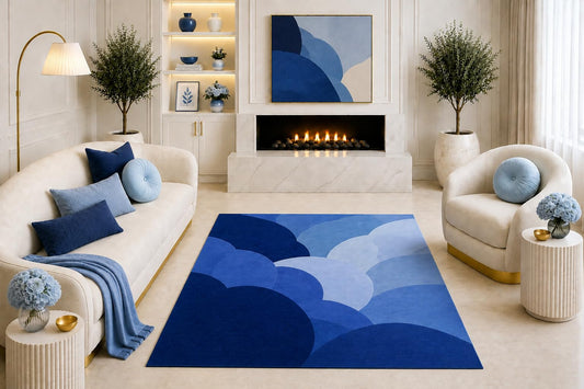 ICE ARMOR "Ultra Light Weight 5' x 7' Navy Blue Abstract Scallop Area Rug, Modern Layered Geometric Design for Living Room Bedroom Dining Room, Non-Slip Silicone Backing Low Pile