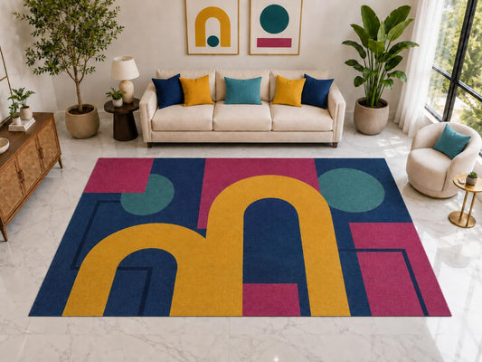 ICE ARMOR "Ultra Light Weight Large 6'7" x 9'10" Retro Arch Area Rug Carpet Soft Low Pile Indoor Rug and Non-Slip Silicone Backing for Office Blue