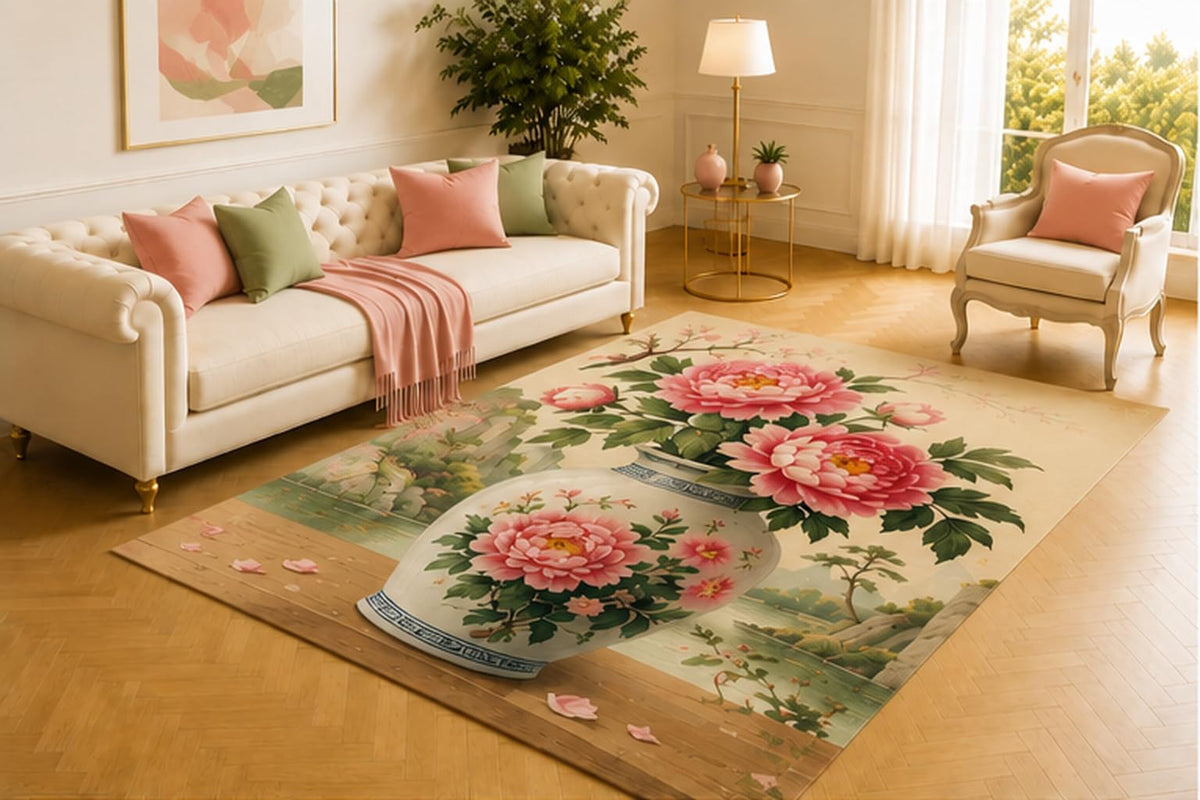 ICE ARMOR 5' x 7' Peony Porcelain Rug, Pink Flowers in Blue and White Vases with a Garden Scene, Graceful Asian Decor for Living Room, Bedroom, Office or Entryway