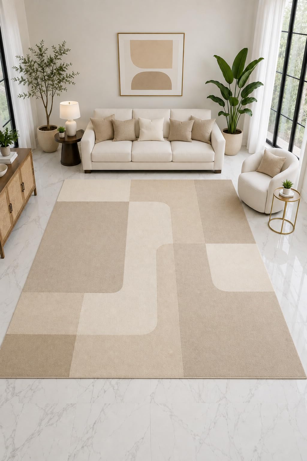 ICE ARMOR "Ultra Light Weight Large 6'7" x 9'10" Rounded Block Geometric Rug, Soft Low Pile Indoor Rug, Non-Slip Silicone Backing Living Room Beige