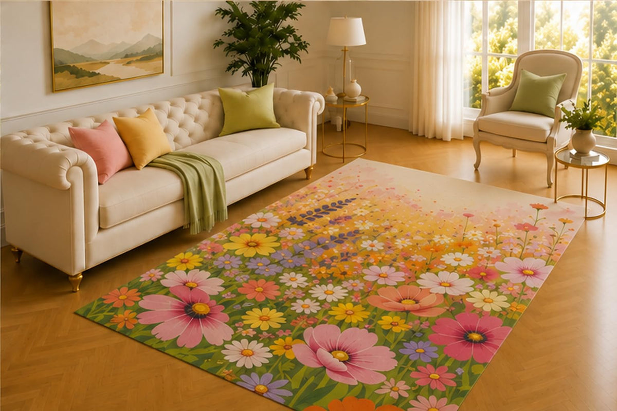 ICE ARMOR 5' x 7' Sunrise Meadow Rug, Pink Daisies and Pastel Wildflowers Beneath a Golden Glow, Warm Accent for Bedroom, Nursery, Reading Space or Sunroom