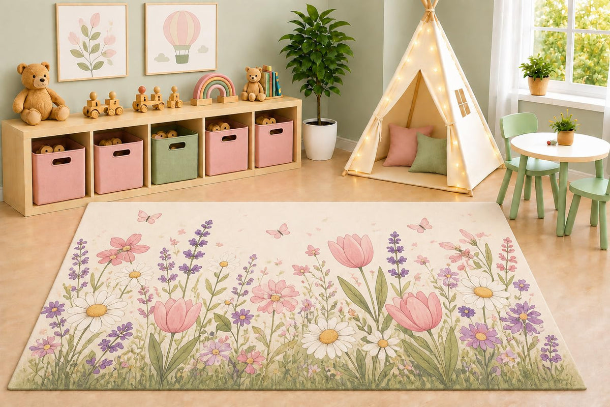 ICE ARMOR 5' x 7' Watercolor Wildflower Meadow Area Rug, Soft Botanical Floral Garden Living Room Bedroom Nursery Rug, Non-Slip Silicone Backing Low Pile