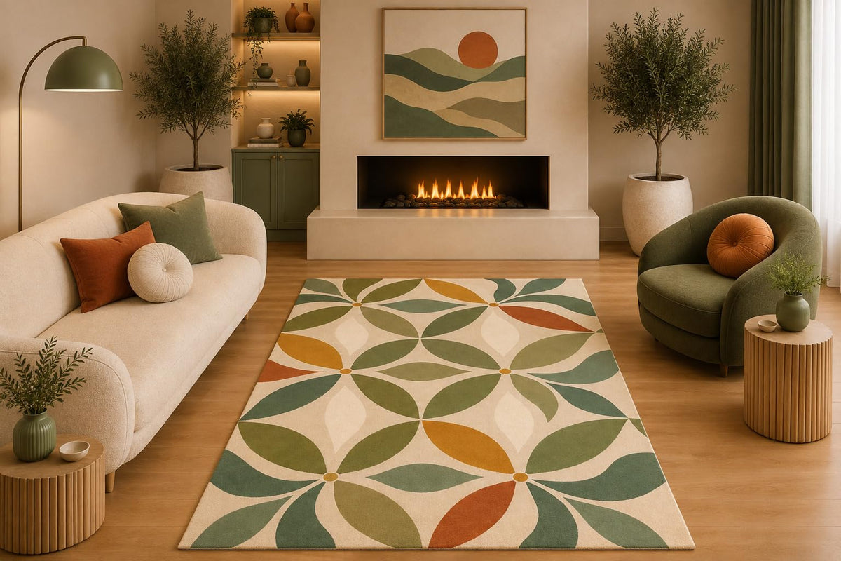 ICE ARMOR 5' x 7' Mid Century Botanical Area Rug Retro Abstract Leaf Pattern Cream Sage Olive Terracotta for Living Room Bedroom Dining Room Non-Slip Silicone Backing Low Pile