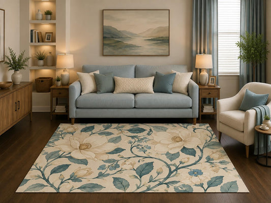 ICE ARMOR 5' x 7' Vintage Magnolia Floral Area Rug Cottagecore Botanical Blue Cream Flower Living Room Bedroom Dining Room Farmhouse Decor Non-Slip Silicone Backing Low Pile