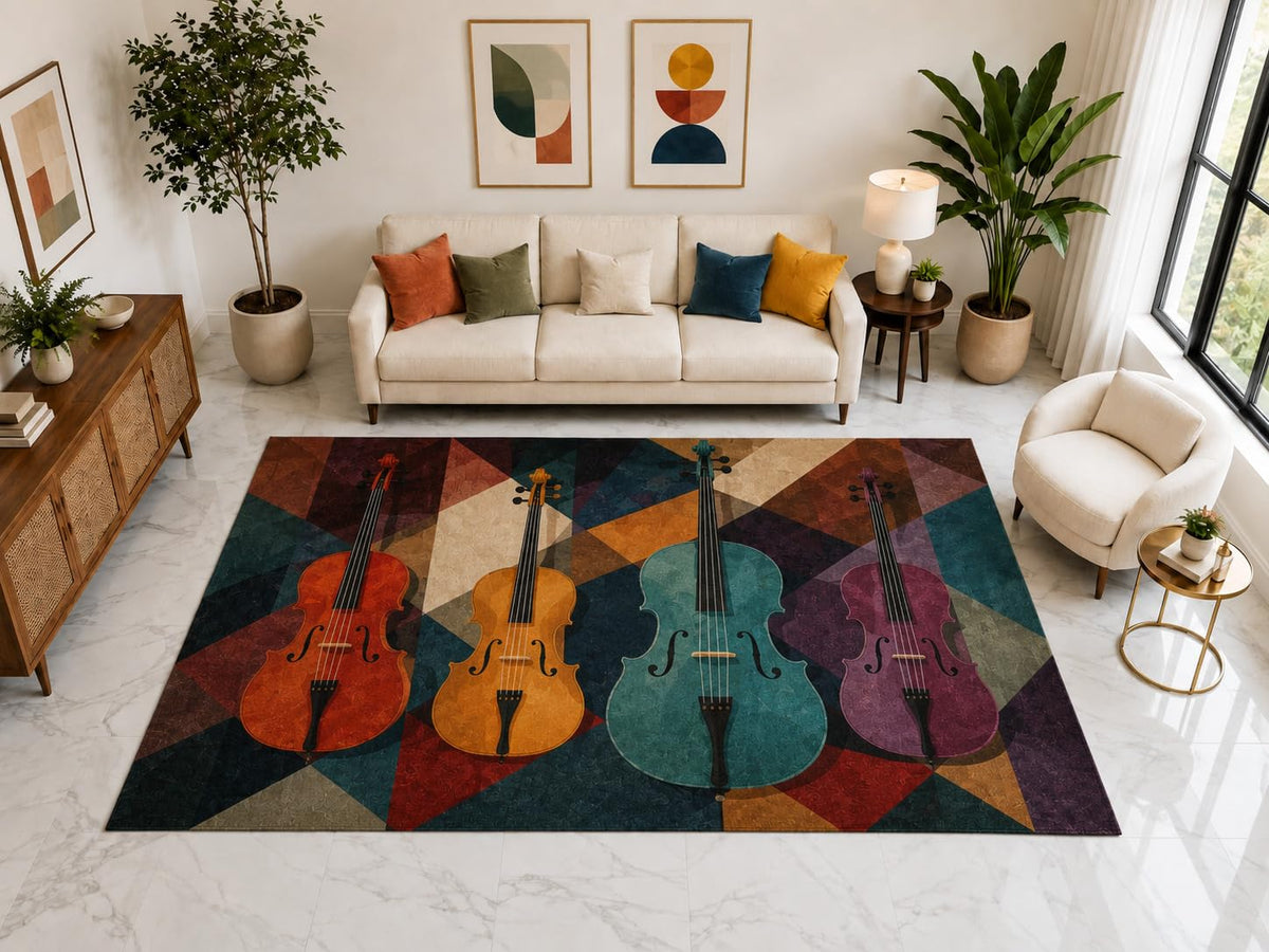 ICE ARMOR "Ultra Light Weight Large 6'7" x 9'10" Four Violin Geometric Rug, Soft Low Pile Indoor Rug, Non-Slip Silicone Backing for Living Room Teal