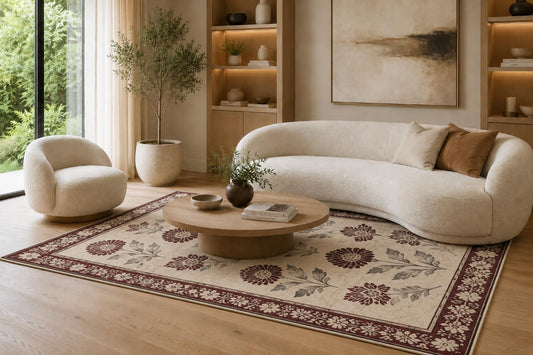 ICE ARMOR 6'7" x 9'10" Burgundy and Cream Floral Border Area Rug for Living Room, Soft Low Pile Carpet with Non-Slip Silicone Backing, Floor Decor for Bedroom, Dining Area and Home Office