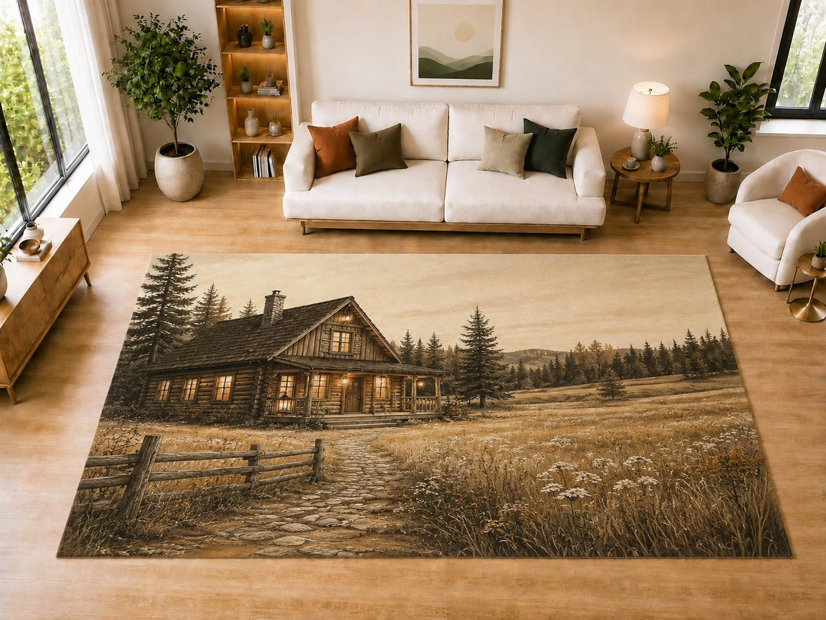 ICE ARMOR "Ultra Light Weight Large 6'7" x 9'10" Woodland Log Cabin Area Rug for Dining, Living Room, Bedroom, Soft Low Pile Indoor Rug with Non-Slip Silicone Backing, Brown Tan