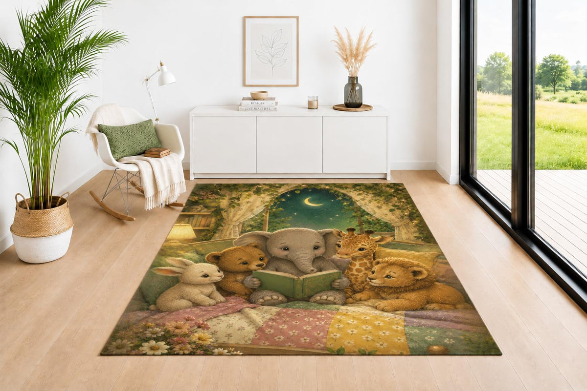 ICE ARMOR 5' x 7' Bedtime Story Animal Area Rug, Soft Low Pile Non-Slip Indoor Carpet with Cozy Storybook Design for Living Room, Bedroom, Office, Reading Room