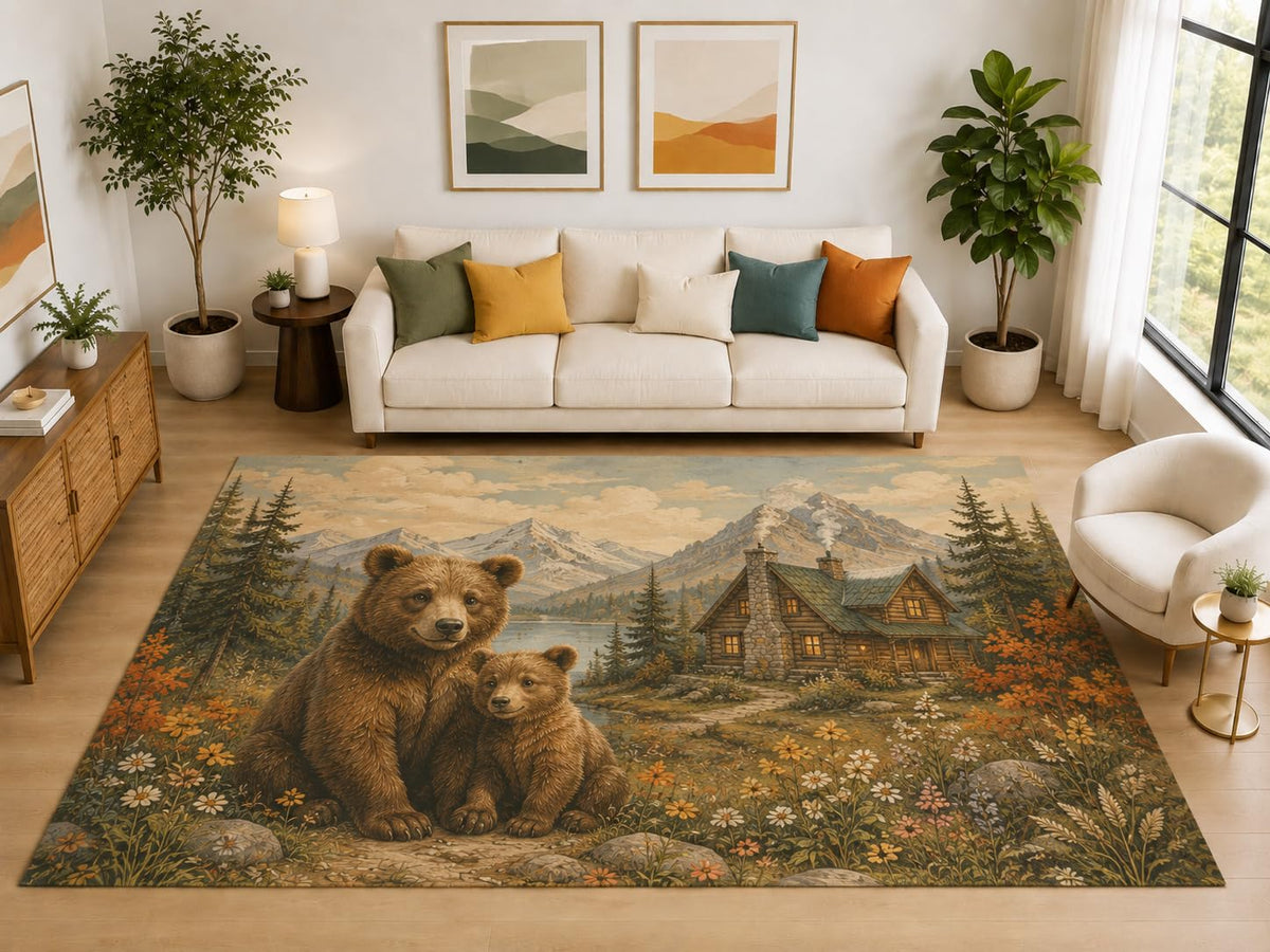 ICE ARMOR "Ultra Light Weight Large 6'7" x 9'10" Bear and Cub Cabin Rug, Soft Low Pile Indoor Rug, Non-Slip Silicone Backing for Living Room Brown
