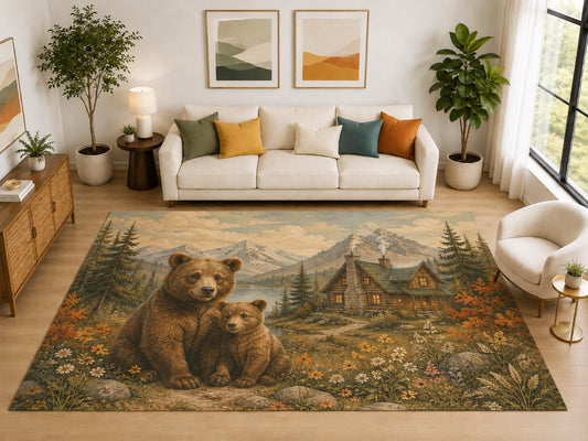 ICE ARMOR "Ultra Light Weight Large 6'7" x 9'10" Bear and Cub Cabin Rug, Soft Low Pile Indoor Rug, Non-Slip Silicone Backing for Living Room Brown