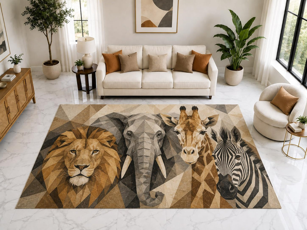 ICE ARMOR "Ultra Light Weight Large 6'7" x 9'10" Safari Animal Geometric Rug, Soft Low Pile Indoor Rug, Non-Slip Silicone Backing for Kids Room Brown