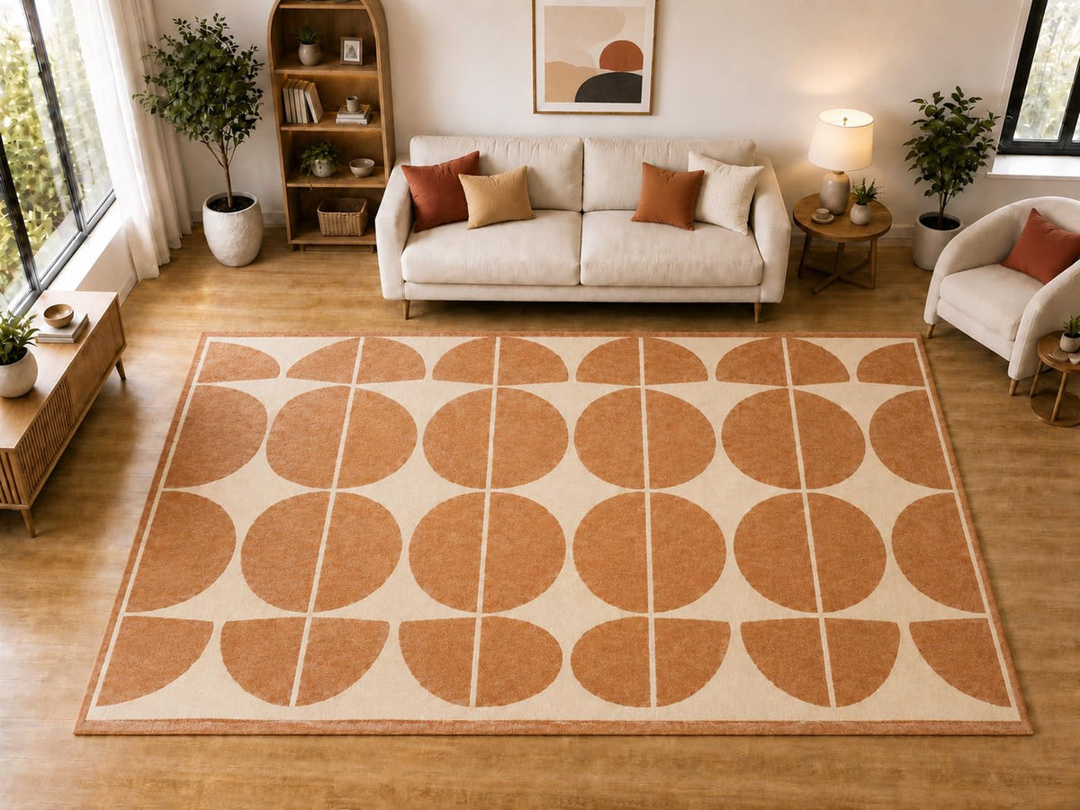 ICE ARMOR "Ultra Light Weight Large 6'7 x 9'10 Terracotta Circle Grid Pattern Area Rug for Living Room Bedroom Dining Room Soft Low Pile Indoor Carpet Modern Floor Decor