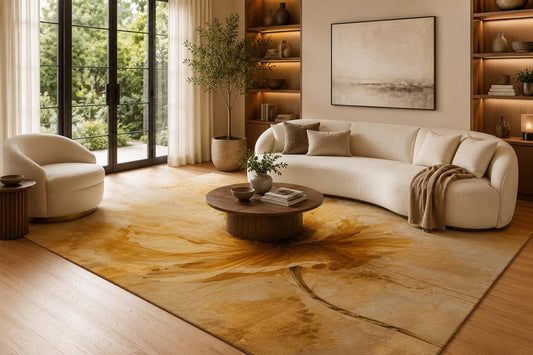 ICE ARMOR 6'7" x 9'10" Mustard and Beige Oversized Flower Area Rug for Living Room, Soft Low Pile Carpet with Non-Slip Silicone Backing, Floor Decor for Bedroom, Dining Area and Home Office