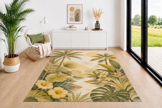 ICE ARMOR 5' x 7' Tropical Palm Area Rug for Living Room, Soft Low Pile Indoor Rug with Non-Slip Backing, Island Carpet for Bedroom, Dining Room, Office, Beige Green