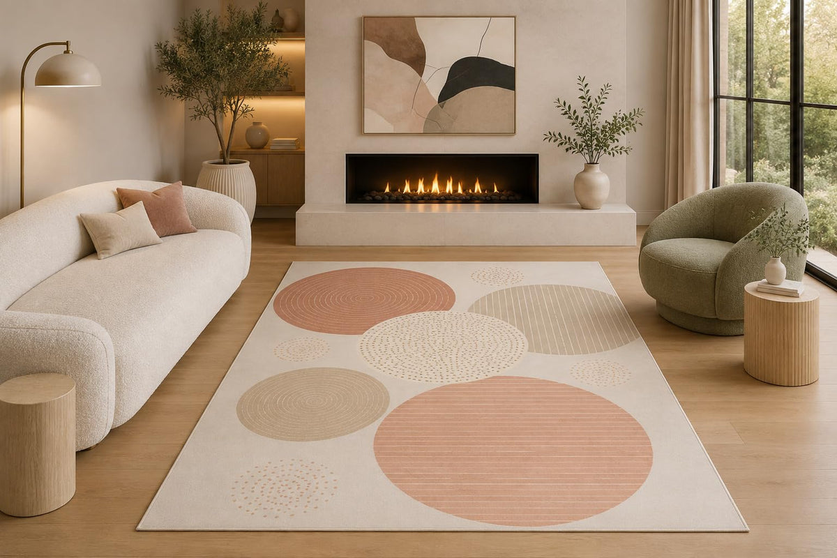 ICE ARMOR 5' x 7' Modern Abstract Circle Pattern Area Rug Minimalist Scandinavian Geometric Beige Taupe Living Room Bedroom Office Carpet Non-Slip Silicone Backing Low Pile