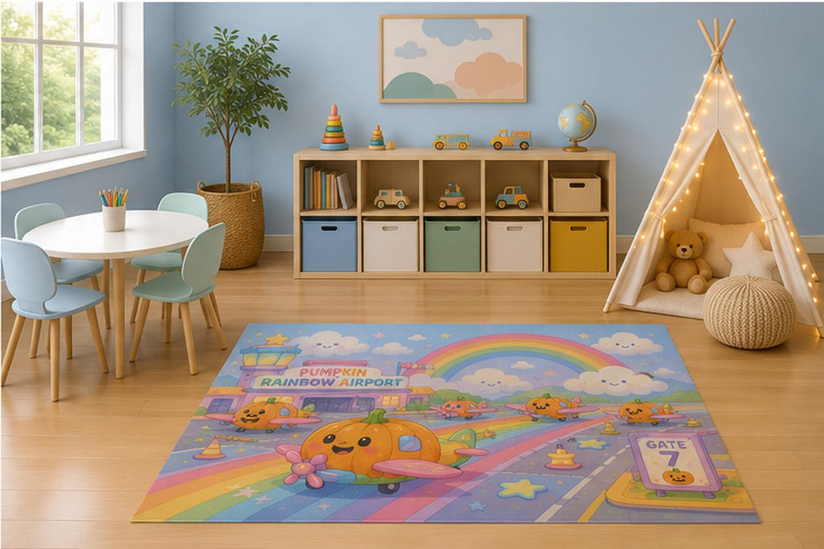 ICE ARMOR 5' x 7' Pumpkin Rainbow Airport Kids Area Rug, Cute Pumpkin Airplanes Rainbow Travel Cartoon Playroom Nursery Bedroom Decor, Non-Slip Silicone Backing Low Pile