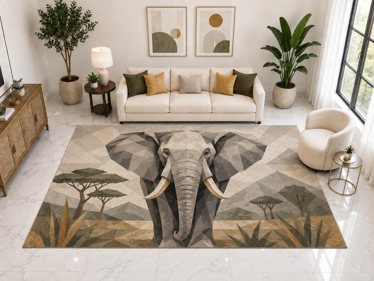 ICE ARMOR "Ultra Light Weight Large 6'7" x 9'10" Safari Elephant Area Rug Carpet Soft Low Pile Indoor Rug and Non-Slip Silicone Backing Beige
