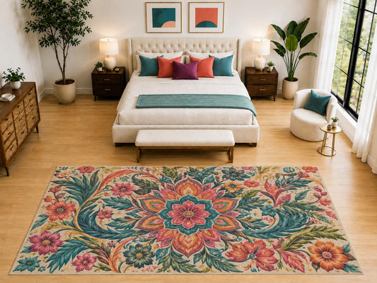 ICE ARMOR "Ultra Light Weight Large 6'7" x 9'10" Vintage Floral Bloom Rug, Soft Low Pile Indoor Rug, Non-Slip Silicone Backing for Bedroom Beige