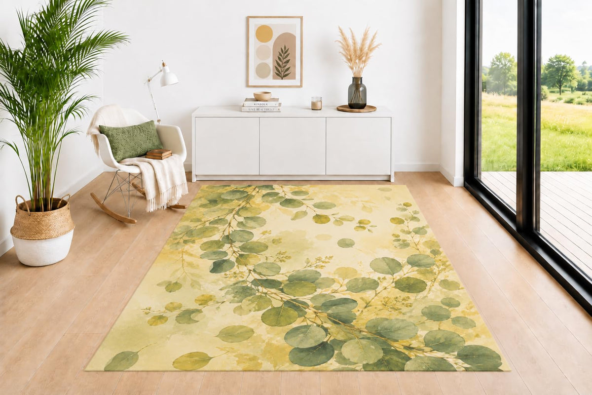 ICE ARMOR 5' x 7' Eucalyptus Leaf Area Rug for Living Room, Soft Low Pile Indoor Rug with Non-Slip Backing, Botanical Carpet for Bedroom, Dining Room, Office, Soft Green